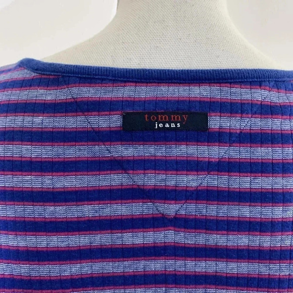 Tommy Hilfiger Tommy Jeans Striped T Shirt Y2K Womens Square Neck Logo Side Slit - Picture 6 of 7